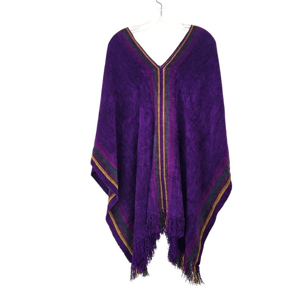 Handwoven Artisan Purple Chenille Poncho With Fringe Trim & Multicolor Stripes - Picture 8 of 8